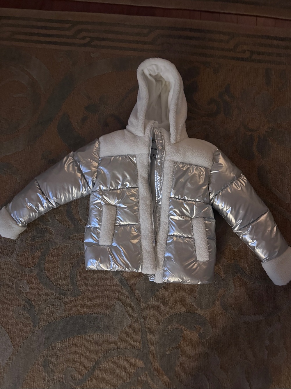 Silver Metallic Puffer Jacket with Sherpa Trim Sam Edelman NWT